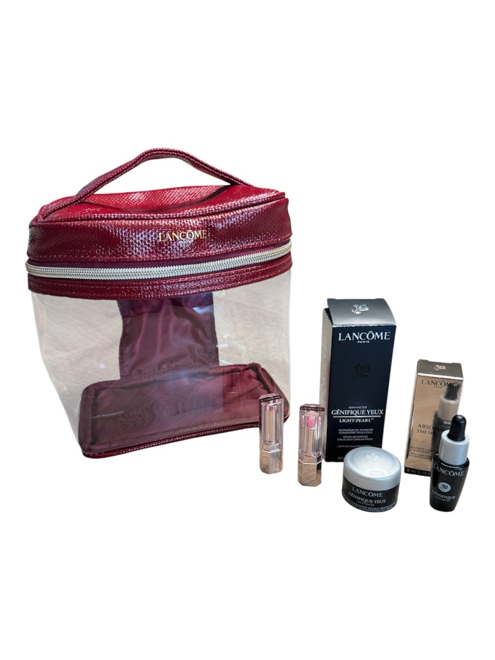 LANCÔME PARIS Women’s Makeup Set with Burgundy Clear Cosmetic Bag